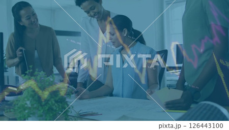 Image of data processing and diagrams over diverse colleagues talking in office Image of data processing and diagrams over diverse colleagues talking in office 126443100