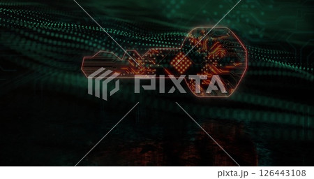 Image of key icon with computer circuit board over spots on black background 126443108