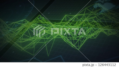 Image of network of connections over data processing with globe on black background Image of network of connections over data processing with globe on black background 126443112