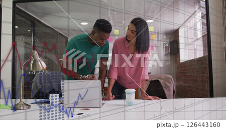 Image of financial data processing over diverse business people in office Image of financial data processing over diverse business people in office 126443160