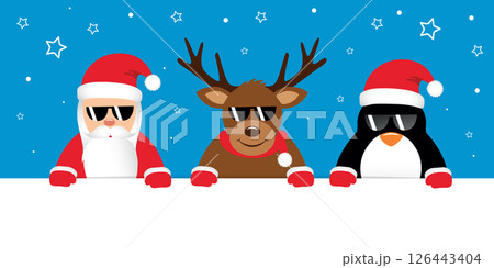 cool deer santa and penguin cartoon with sunglasses vector illustration cool deer santa and penguin cartoon with sunglasses vector illustration 126443404