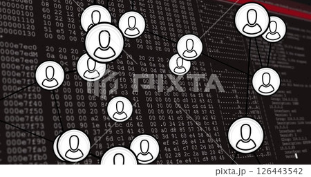 Image of data processing and media icons on black background Image of data processing and media icons on black background 126443542