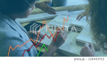 Image of financial data processing over diverse business people in office Image of financial data processing over diverse business people in office 126443552
