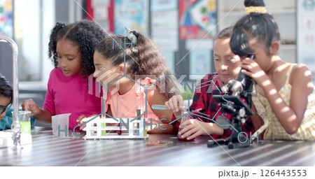 Chemical structure diagram over children conducting science experiments in classroom Chemical structure diagram over children conducting science experiments in classroom 126443553