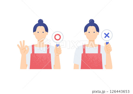 マルとバツの札を掲げるエプロンを着た女性 飲食業界で働く女性のベクターイラスト素材 マルとバツの札を掲げるエプロンを着た女性 飲食業界で働く女性のベクターイラスト素材 126443653