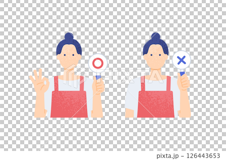 A woman wearing an apron holding up a round and cross sign Vector illustration of a woman working in the food and beverage industry 126443653