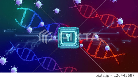 Image of key icon, dna strands and scientific data processing with covid 19 cells Image of key icon, dna strands and scientific data processing with covid 19 cells 126443697