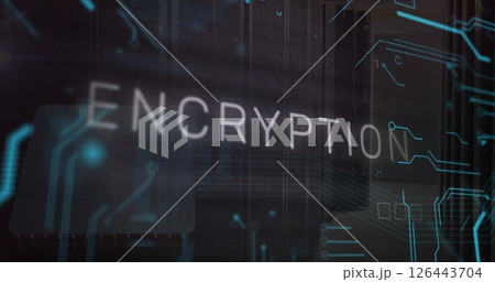 Image of encryption text and data processing over computer servers 126443704