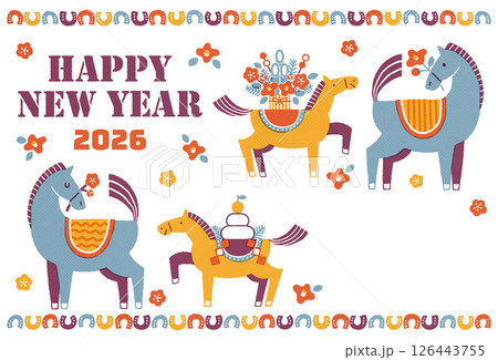 2026年 午年年賀状イラスト(馬の親子と華やかなお正月) 2026年 午年年賀状イラスト(馬の親子と華やかなお正月) 126443755