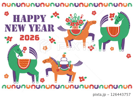 2026年 午年年賀状イラスト(馬の親子と華やかなお正月) 2026年 午年年賀状イラスト(馬の親子と華やかなお正月) 126443757
