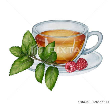 Cup with raspberry and mint leaves Cup with raspberry and mint leaves 126443853