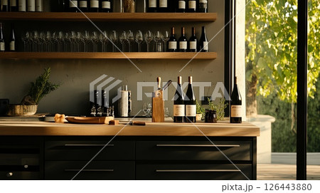 Open wine bottles and corkscrew on counter. 126443880
