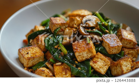 Tofu scramble, spinach, mushrooms. Tofu scramble, spinach, mushrooms. 126443888