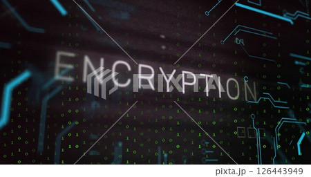 Image of encryption text over network and binary data processing on black background 126443949