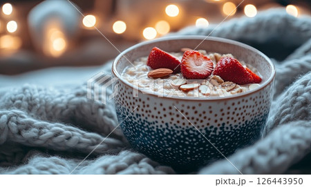 Oatmeal bowl, strawberries, almonds, cozy background. Oatmeal bowl, strawberries, almonds, cozy background. 126443950