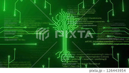 Image of green motherboard and tree network over processing data on dark background 126443954