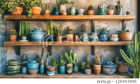 Shelves with cacti, pottery, and decorative pieces. Shelves with cacti, pottery, and decorative pieces. 126443980