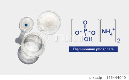 Chemical ingredient on white laboratory table with molecular structure. Di-Ammonium Phosphate in chemical watch glass place next to beaker with alcohol and Volumetric flask. Top View Chemical ingredient on white laboratory table with molecular structure. Di-Ammonium Phosphate in chemical watch glass place next to beaker with alcohol and Volumetric flask. Top View 126444040