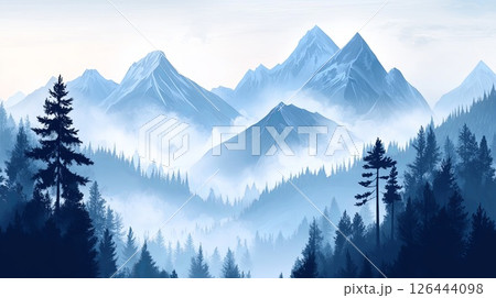 Mountain peaks with morning mist.. Mountain peaks with morning mist.. 126444098