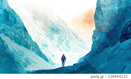 Hiker walking through mountain pass.. 126444122