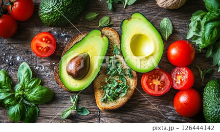 Whole grain toast, avocado, tomato, herbs. 126444142