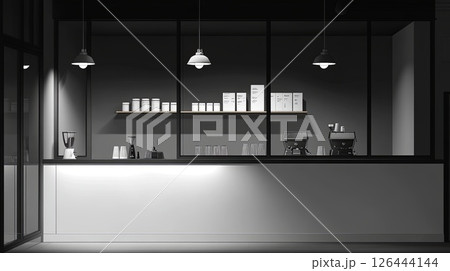 Boutique coffee shop with a sleek, minimalist design and high-end coffee beans.. 126444144