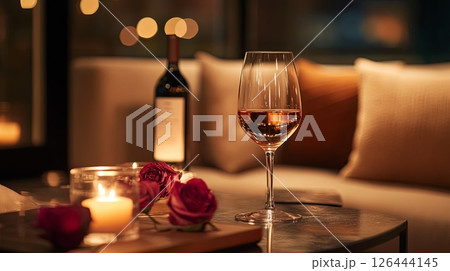 Low light wine bar with warm ambiance. 126444145