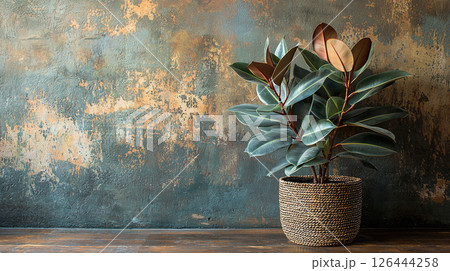 A healthy rubber plant with vibrant leaves rests gracefully in a woven pot, creating a cozy scene. 126444258