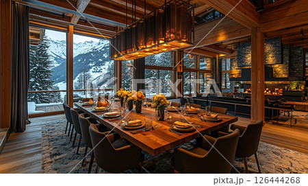 A luxurious chalet dining room with a grand table set against a snowy mountain backdrop. 126444268