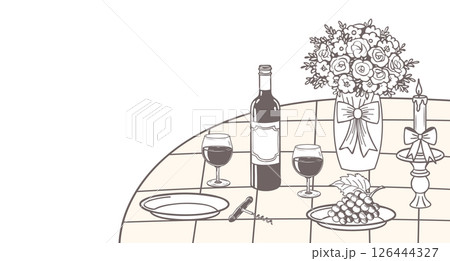 Romantic dinner table. Banner with champagne, candles and roses on table for birthday or wedding invitations. Hand drawn sketch illustration. Romantic dinner table. Banner with champagne, candles and roses on table for birthday or wedding invitations. Hand drawn sketch illustration. 126444327