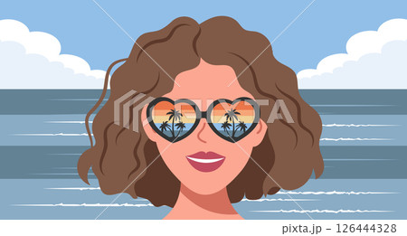 Cute girl wearing heart shaped sunglasses reflecting tropical sunset. Summer time, vacation concept. Travel illustration. 126444328