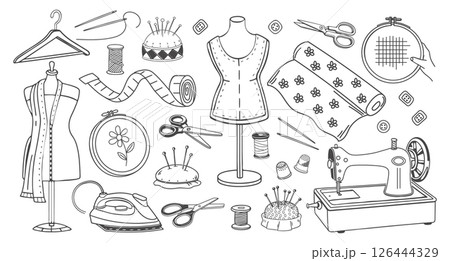 Sewing kit. Collection of tools for sewing and tailoring. Sewing mannequin, machine, measuring and cutting accessories, black outline. Hand drawn sketch illustration. Sewing kit. Collection of tools for sewing and tailoring. Sewing mannequin, machine, measuring and cutting accessories, black outline. Hand drawn sketch illustration. 126444329