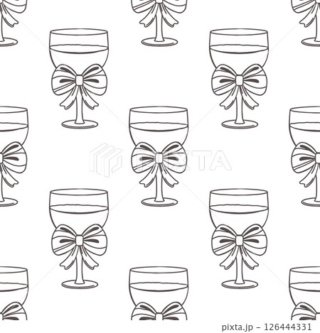 Seamless pattern with elegant wine glasses with bows. Festive background. Hand drawn sketch illustration. Seamless pattern with elegant wine glasses with bows. Festive background. Hand drawn sketch illustration. 126444331