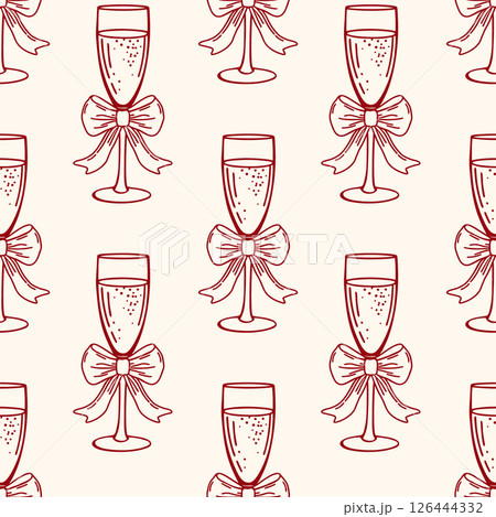 Seamless pattern with elegant champagne glasses with bows. Festive background. Hand drawn sketch illustration. Seamless pattern with elegant champagne glasses with bows. Festive background. Hand drawn sketch illustration. 126444332