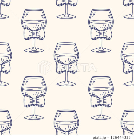 Seamless pattern with elegant wine glasses with bows. Festive background. Hand drawn sketch illustration. 126444333