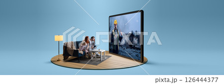 Family on couch sitting on couch at home and watching news, with ,ale reporter showing scene of disaster. Composite image. Collage. Concept of media, war, fear, awareness, family, destruction. Family on couch sitting on couch at home and watching news, with ,ale reporter showing scene of disaster. Composite image. Collage. Concept of media, war, fear, awareness, family, destruction. 126444377