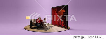 Elderly couple watches screen showing financial collapse data on red graph with world map. Composite image. Collage. C 126444378