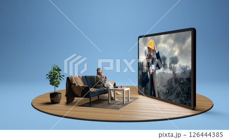 Senior woman sitting at home in couch and watching breaking news, scene with reporter and destruction. 3D render of tablet. Composite image. 126444385