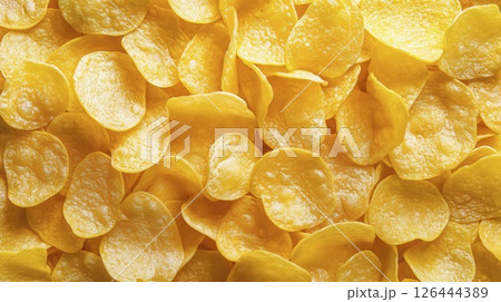 Potato chips heap full frame, top view, crunchy texture and crispy background, copy space 126444389