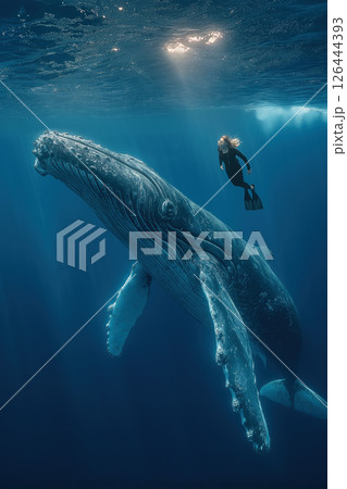 Diver swims gracefully alongside majestic humpback whale in ocean depths, amazing vertical view 126444393
