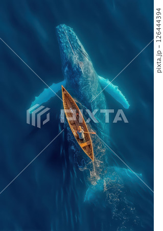 Aerial vertical view of rowboat and whale in ocean with clear blue water, epic scene 126444394