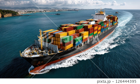 Cargo ship navigating clear blue waters with colorful containers on a sunny day, large city in background 126444395
