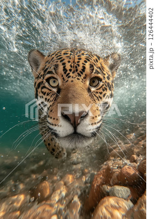 Jaguar swimming underwater with intense gaze amidst splashes and rocks 126444402