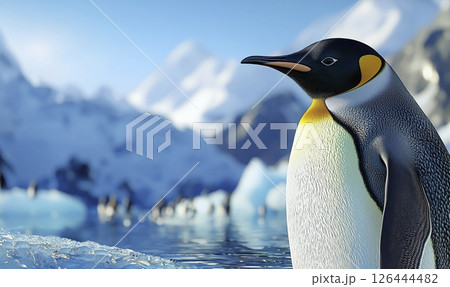 Emperor penguin standing on icy rock with Antarctic landscape in background, copy space 126444482