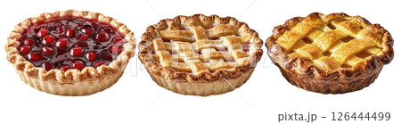 Three mini lattice pies with cherry, apple and apricot filling, isolated on white background with clipping path Three mini lattice pies with cherry, apple and apricot filling, isolated on white background with clipping path 126444499