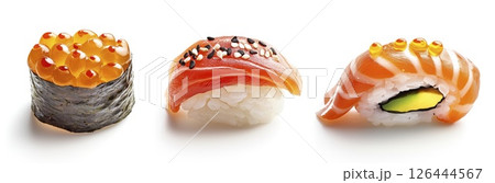 Assorted sushi set with nigiri and gunkan maki topped with salmon roe and sesame seeds. Isolated on white background with clipping path Assorted sushi set with nigiri and gunkan maki topped with salmon roe and sesame seeds. Isolated on white background with clipping path 126444567