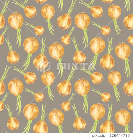 Golden brown onions with fresh green stalks on a muted grey background in a seamless watercolor pattern. Vegetable clipart for kitchen towels, stickers, packaging, and botanical-themed products 126444719