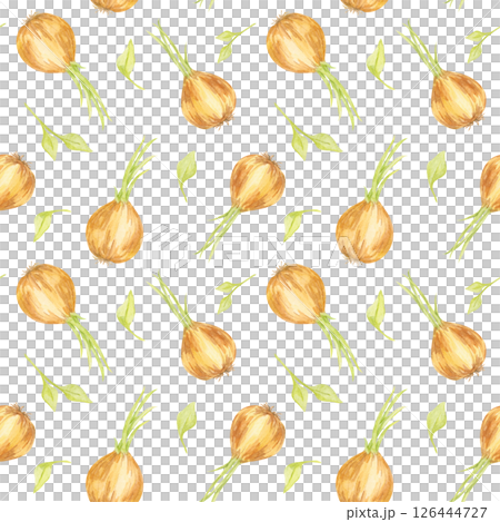 Hand-painted watercolor clipart of onions arranged in a seamless pattern. This vegetable design is suitable for culinary-themed fabrics, packaging, wallpaper, and printable crafts 126444727