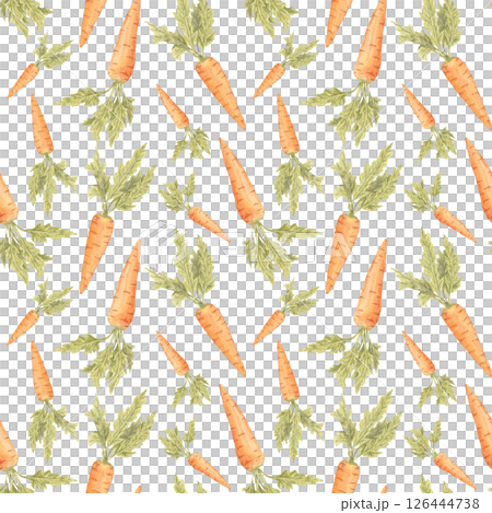 Bright orange carrots and green tops hand-painted in watercolor. Garden vegetables seamless pattern illustration. Use in sustainable food packaging, canning labels, harvest invitations, or wall art. 126444738
