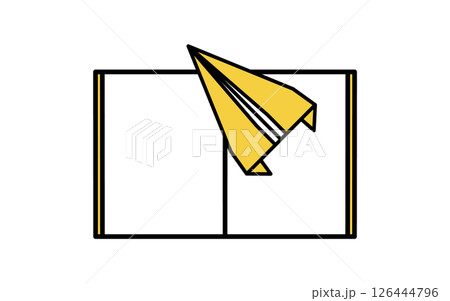 開いたノートと紙飛行機のシンプルな線画アイコン 126444796